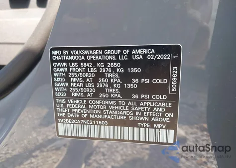 2022 Volkswagen Atlas Cross Sport 3.6L V6 Sel z USA, uszkodzony, nr VIN 1V2BE2CA7NC211503